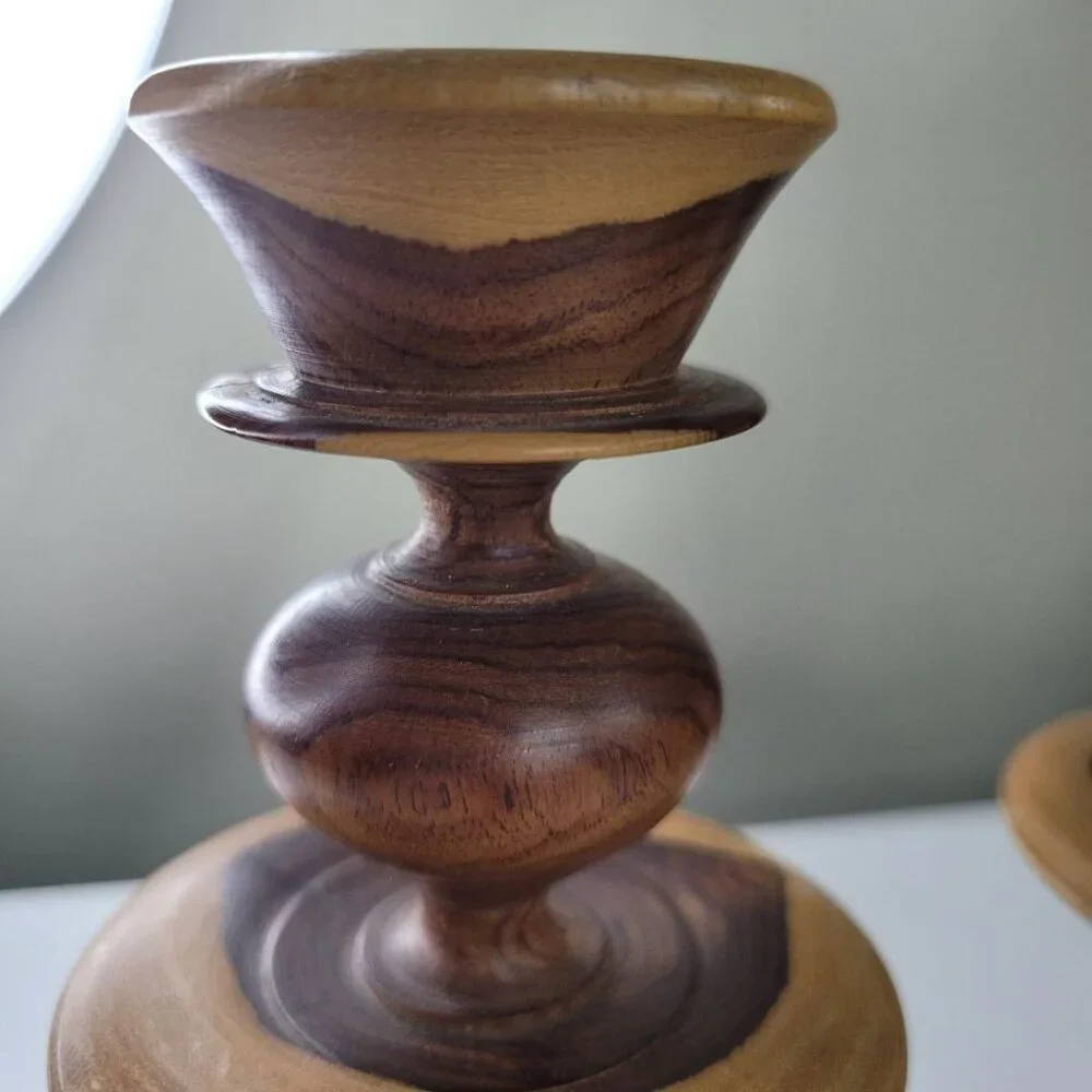 Wooden Candlestick Holders Tapered Solid Grain Two Tone Turned Pair Set 6.5 Inch